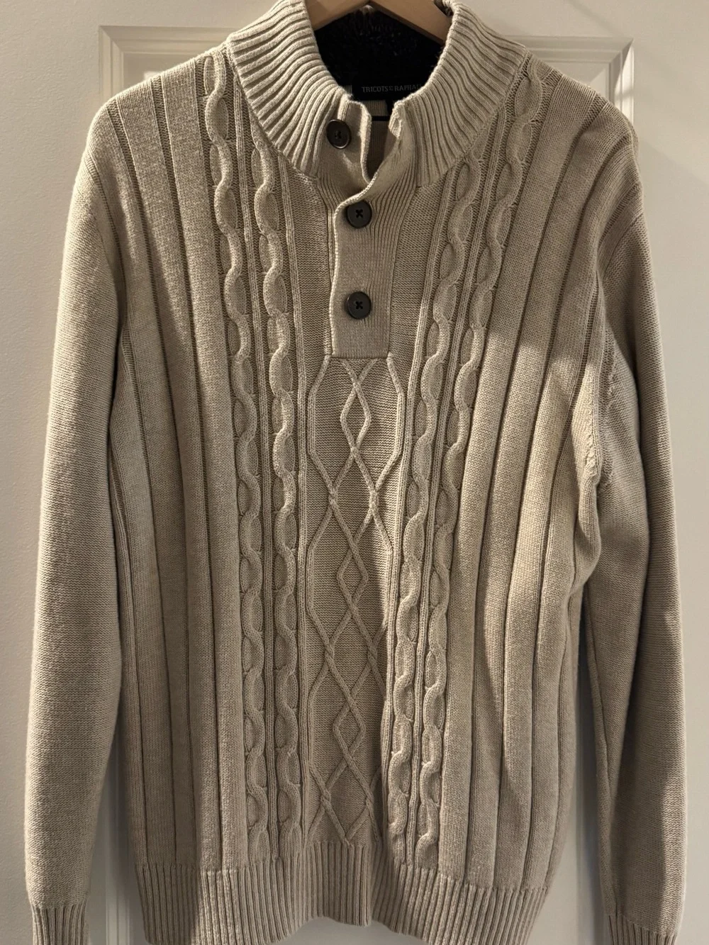 Tricots st Raphael Men's Cable-Knit Button Mock Neck Sweater - Beige XL